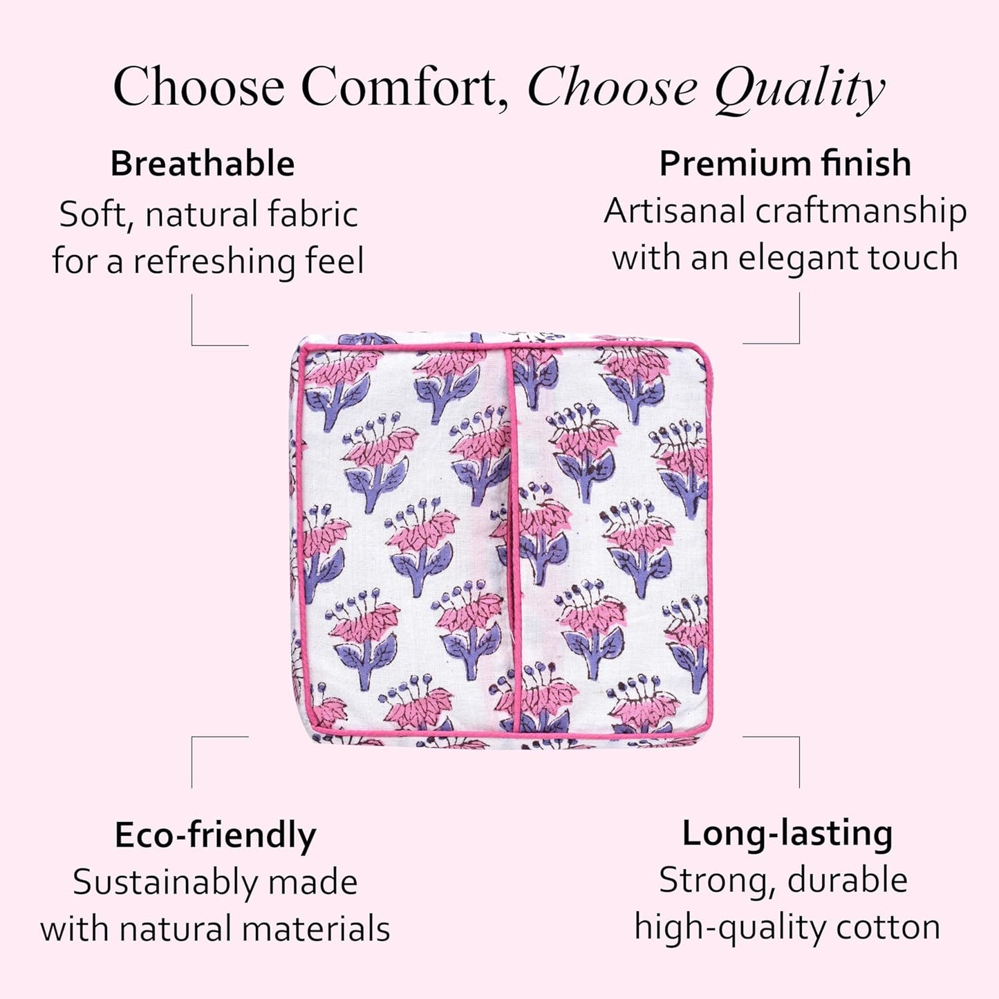 CPC Pink Sapphire Hand Block Printed Cotton Tissue Box Cover 5" x 5" x 5.5" Square Soft Reusable Boho Napkin Holder for Home Kitchen Dining Bathroom Office Cafe Spa, Gift for Spring, Mother's Day