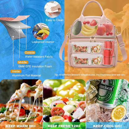 AIJIEKE Large Insulated Lunch Bag for Women, Double Compartment Leakproof Lunch Box for Work Office, Reusable Cooler Tote with Adjustable Strap & Side Pockets for Adults Picnic Beach, Pink
