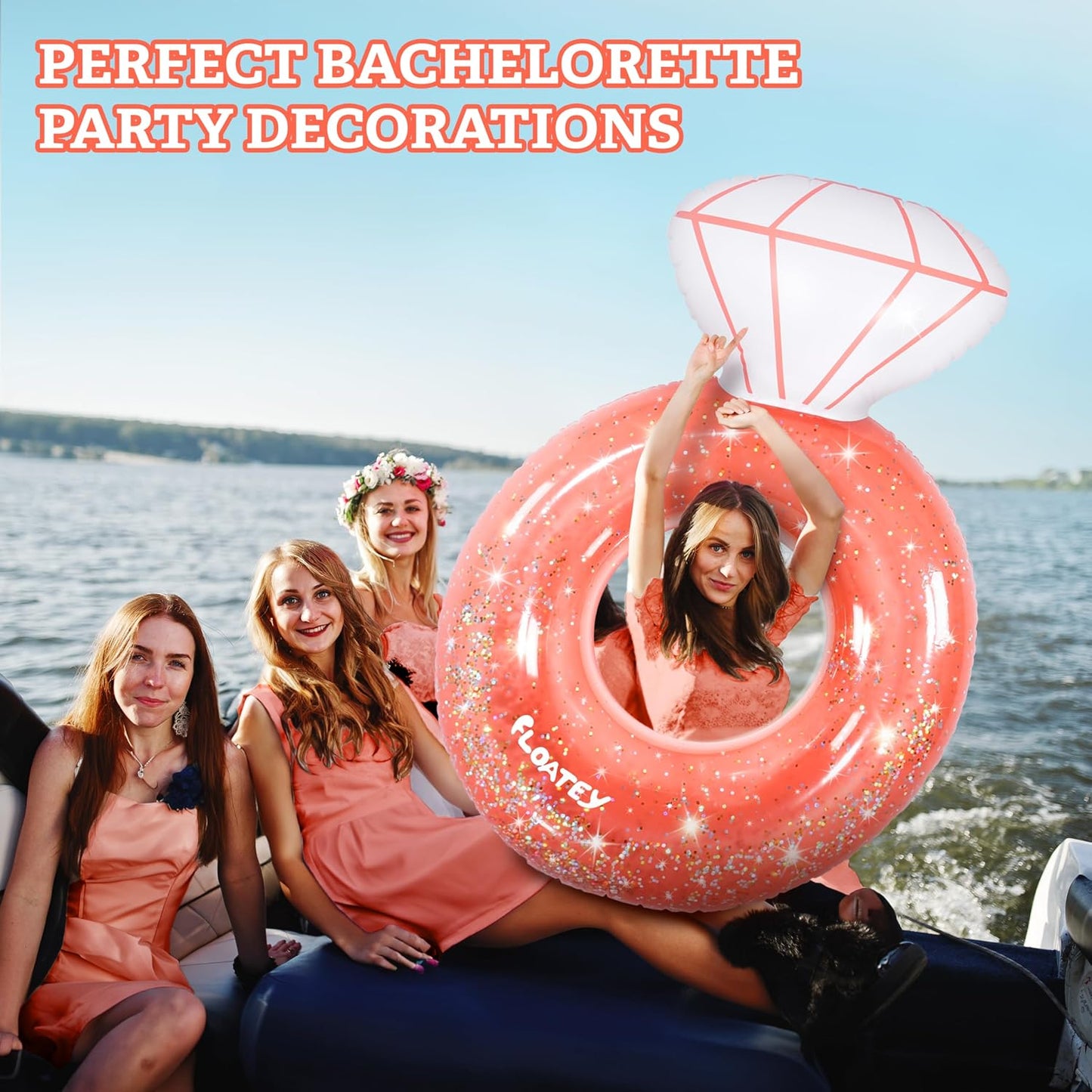 Bachelorette Party Decorations - XtraLarge Diamond Ring Pool Float | Shiny Glitter Conffetti Inside | Bachelorette Pool Floats for Bride, Ring Floatie Bachelorette Party Accessories, Rose Gold