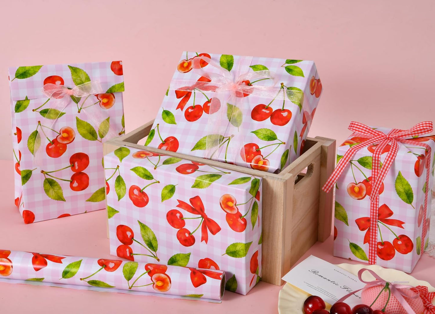 Sikiweiter Cherry Wrapping Paper Roll - 17" x 16.5 ft - Pink Gingham with Red Cherries and Bows - Gift Wrap for Birthday, Party, Baby Shower, Sweet Themes(Cherry)