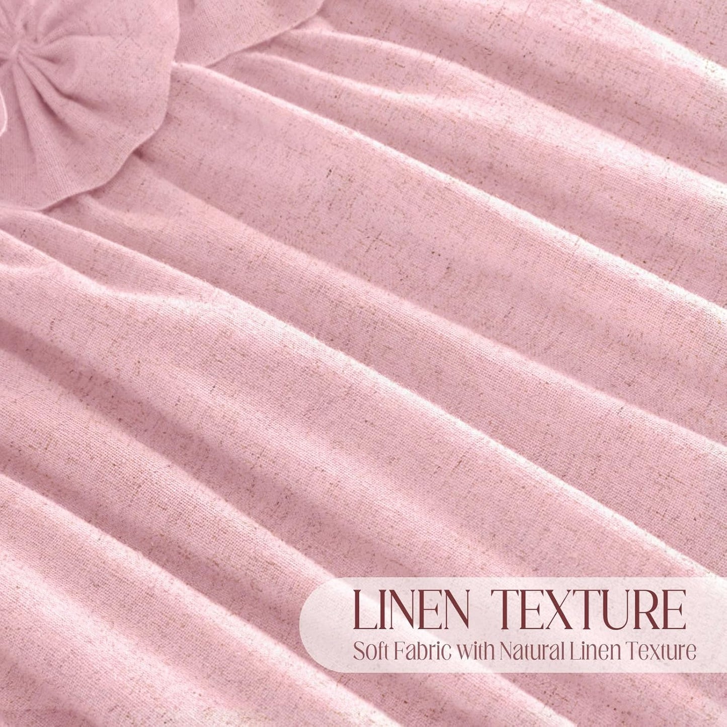 Ruffle Shower Curtain with Handmade Bow Tie, Pink Linen Vintage Farmhouse Shower Curtain for Bathroom, 72" W x 72" H