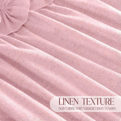 Ruffle Shower Curtain with Handmade Bow Tie, Pink Linen Vintage Farmhouse Shower Curtain for Bathroom, 72" W x 72" H