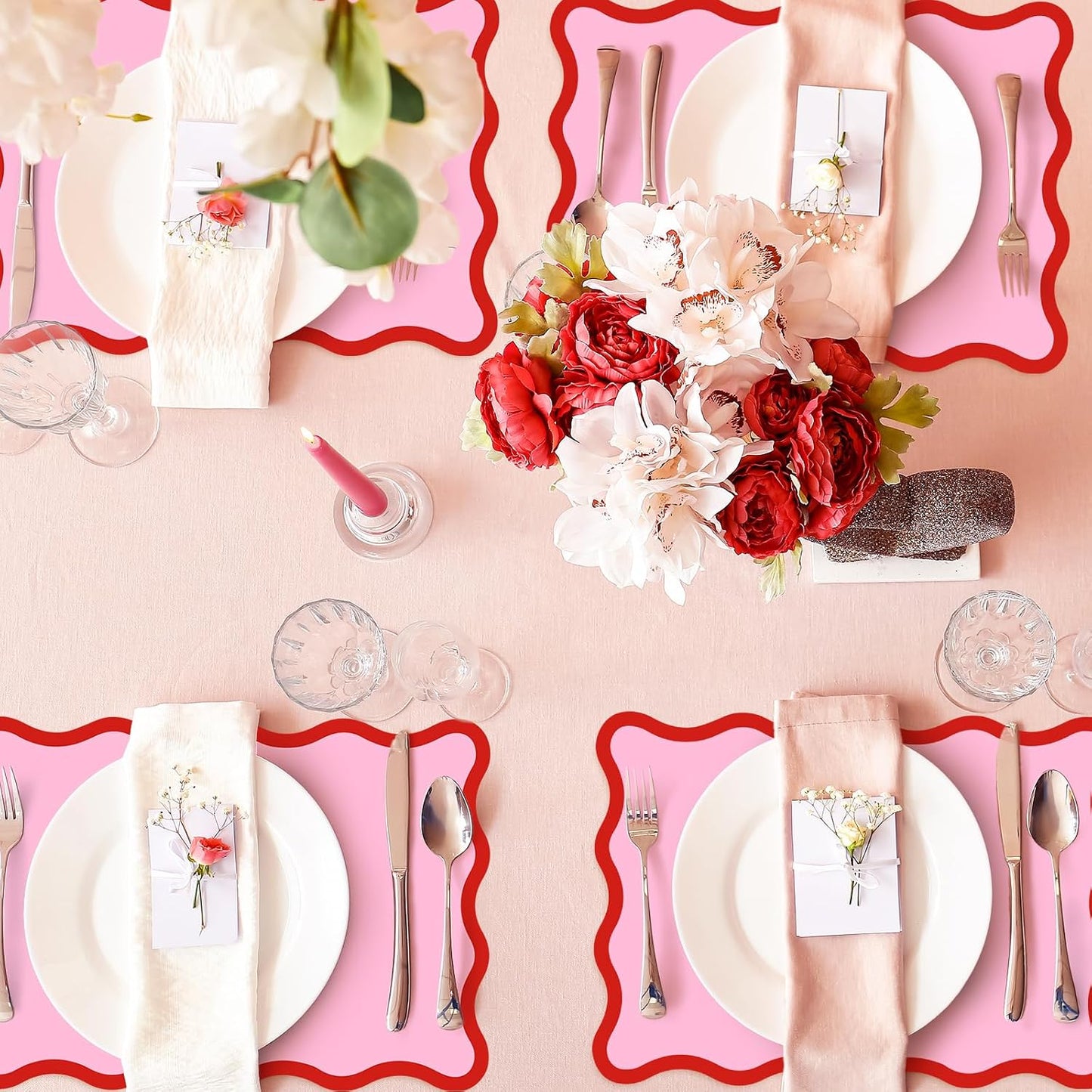 Whaline 50 Pcs Red Pink Paper Placemats Disposable Place Mat Scalloped Decorative Paper Table Mats for Valentine's Day Wedding Anniversary Party Table Setting, 10 x 14 Inch