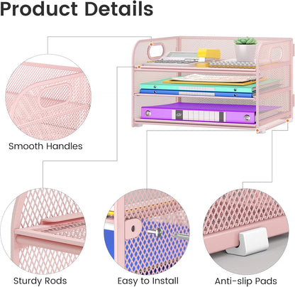 Cawukege 3 Tier Paper Organizer with Handle, Metal Desk Organizer Mesh Paper Letter Tray Desktop File Folder Document Sorter for Classroom, School, Office Accessories Storage (1, Pink)