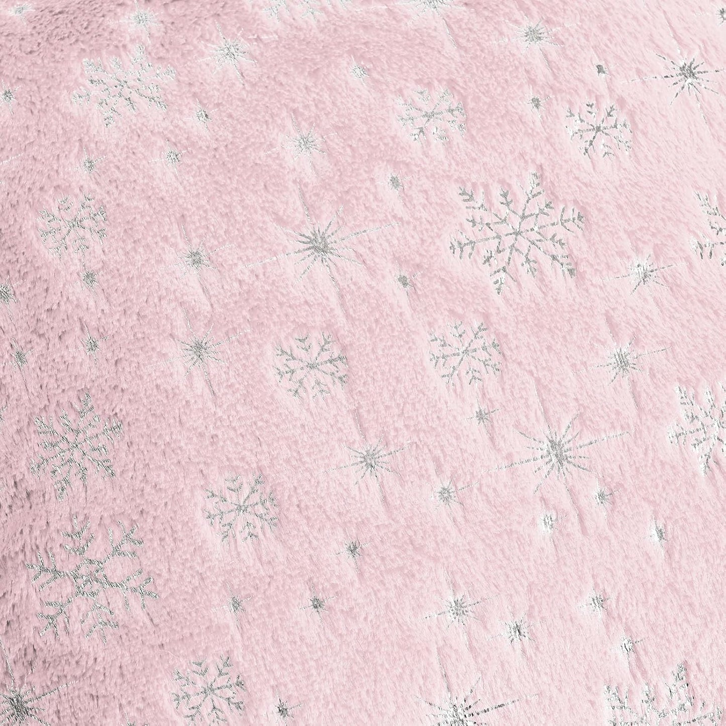 HAUSSY Christmas Throw Pillow Covers 18x18 Set of 2, Soft Faux Fur Pillow Cases Cute Decorative Snowflake Glitter Printed Winter Cushion Case for Xmas Home Decor,Couch Bed,Living Room,Pink