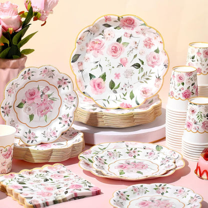 Funnymoom 250 Pcs Floral Party Decorations Flower Paper Plates Napkins and Cups Pink and Gold Floral Disposable Tableware Set for Bridal Shower Baby Shower Wedding Spring Tea Party Supplies, Serves 50