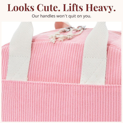 LOVELYWIND Insulated Sugar Pink Lunch Bag for Women, Stylish Corduroy Tote with Aluminum Lining, Large Capacity Reusable Cooler for Work, Travel, or Beach, Beige Cream Water-Resistant Lunch Box