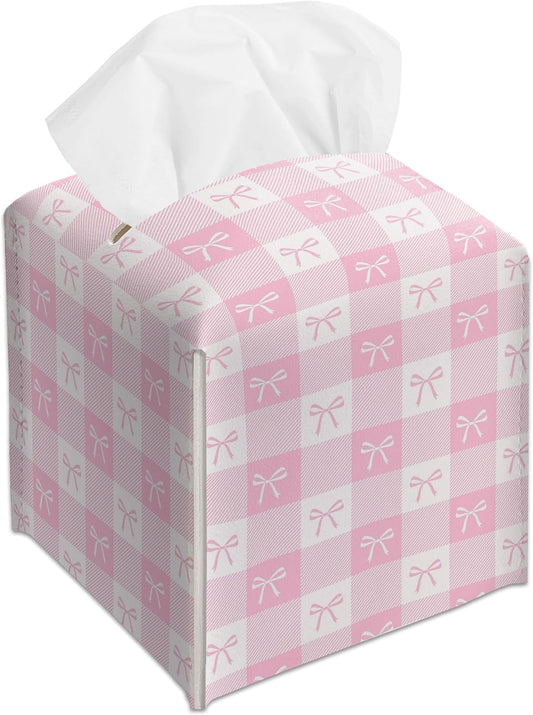 Pink Gingham Bow Decorative Leather Tissue Box Cover - Cute Tissue Holder Gifts for Women and Friends Funny Unique for Home Decor Decorative for Kitchen Bathroom Nightstands Office - A21