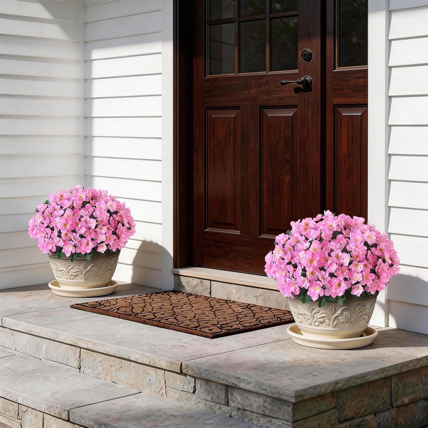 YXZZWL Set of 2 Artificial Azalea Flower Topiary Trees - Fake Silk Flower Potted Plants, Sun-Resistant Faux Outdoor Azalea Bushes for Front Door, Garden, Yard, Farmhouse Decor (Pink)