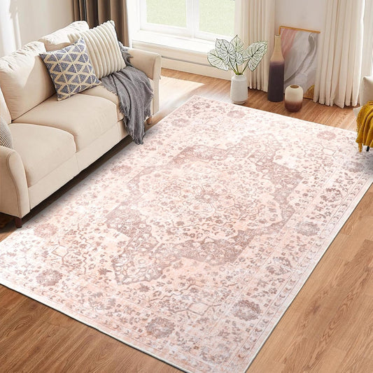 nesrt Boho Living Room Rug 5x7, Soft Faux Wool Large Area Rugs Washable Non Slip, Low Pile Vintage Thin Printed Carpet for Bedroom Dining Room Laundry Office, Retro Area Rug Indoor Decor (Pink)