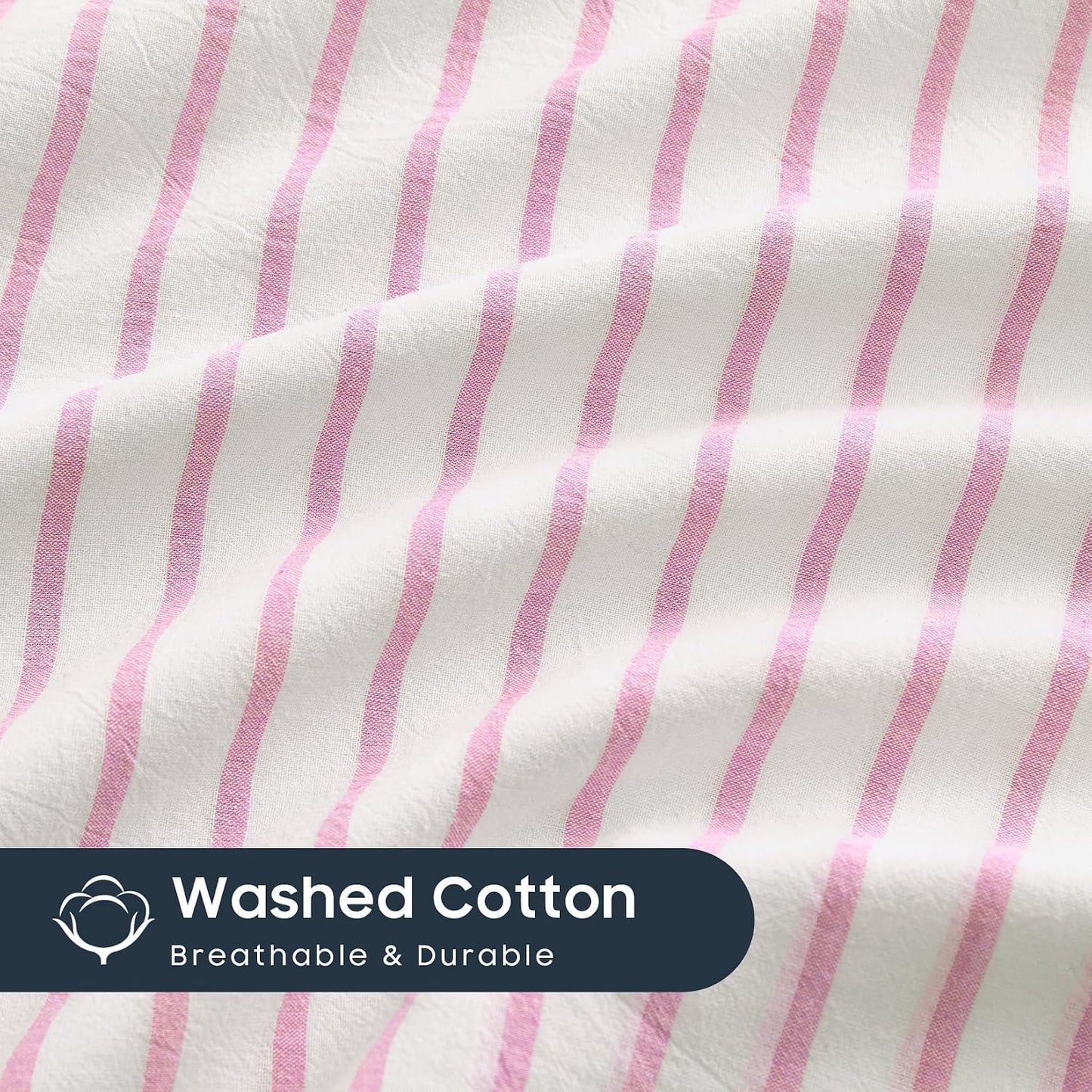 Wake In Cloud - Striped Pillow Cases, 100% Washed Cotton, Ticking Stripe Vertical Pinstripe Neutral Farmhouse, Set of 2 Pillowcases Pillow Shams Covers, Pink White, Standard Size 20x26 Inches