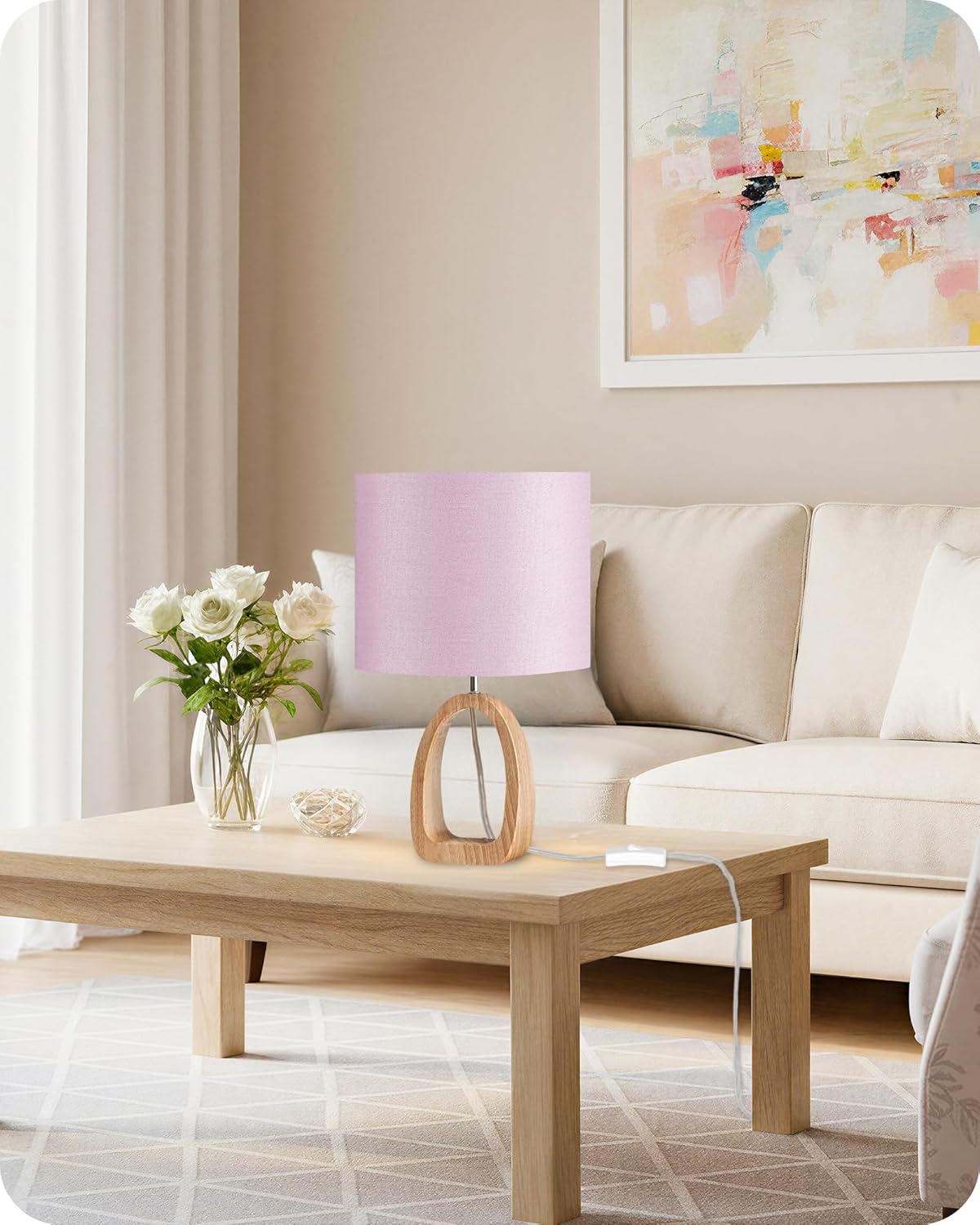 Pink Table Lamp, 14.2" Small Cute Desk Lamp, Wood Bedside Lamp with Pink Linen Lampshade & Natural Wood Base, Modern Nightstand Lamp for Girl's Room, Bedroom, E26 Base, MP07TL05