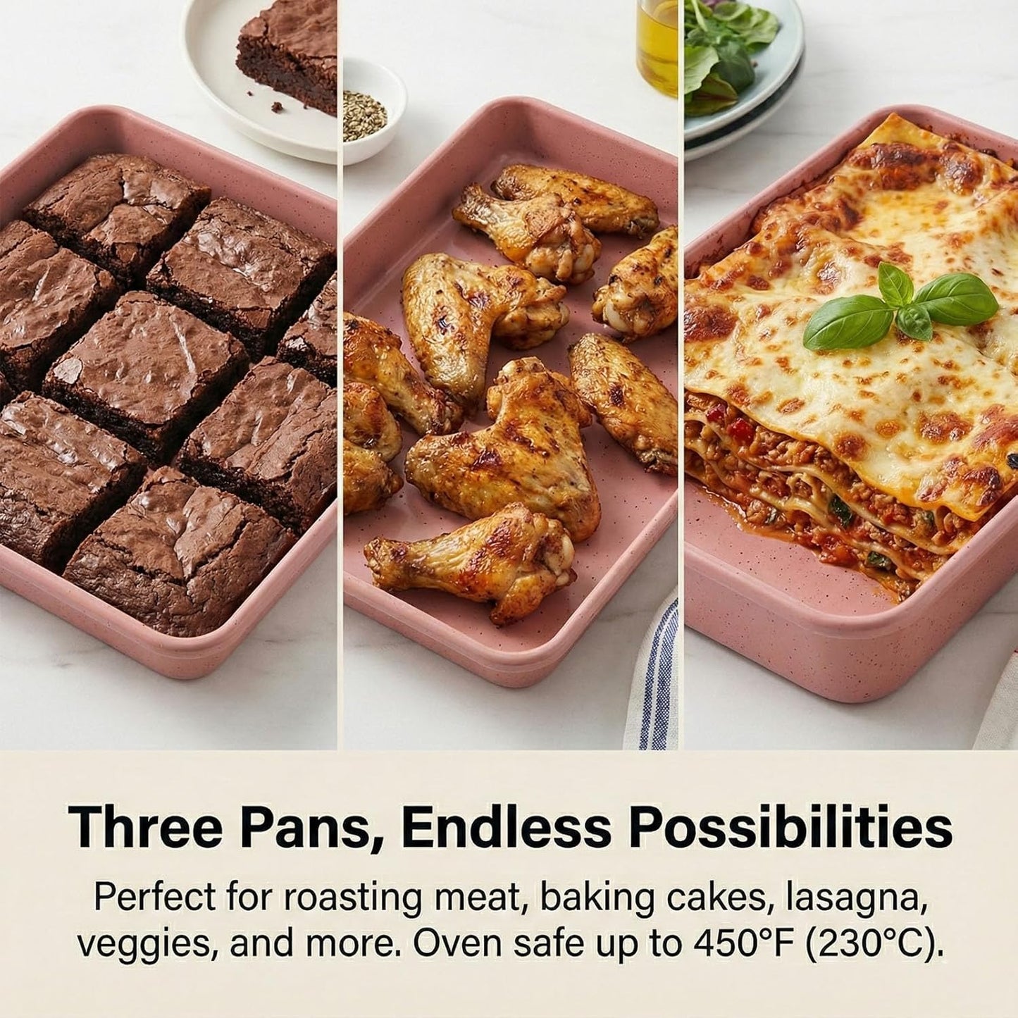 3-Pack 11x9 Inch Pink Baking Pans — Perfect Fit for Toaster Oven, Non-Stick Carbon Steel, Ideal for Small Batches, Couples, RV & Dorm Kitchens