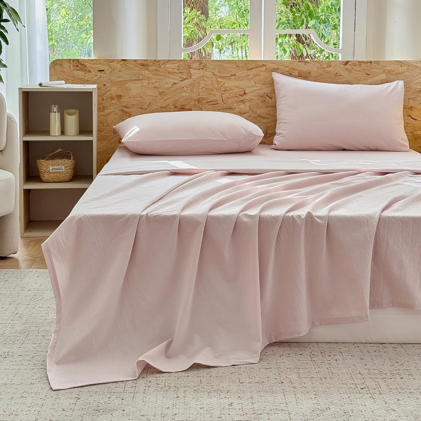 Striped Bedding Sheet Set 4 Pcs,100% Washed Cotton Linen Like,1 Fitted Sheet,1 Flat Sheet and 2 Pillowcases,Comfy Textured Sheet Set(Greyish Pink,Queen)
