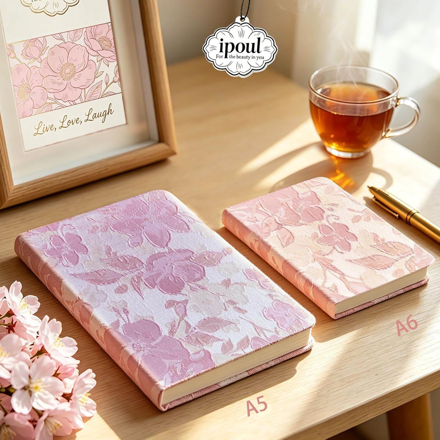 Pink Notebook, A5, Ruled Journal, Hardcover, Lay-flat, Embroidered Flower Journal, Beautiful Journal, Cute Notebooks for Women, Gift for Her, Writing Journal, Gratitude Journal, Peach Blossom