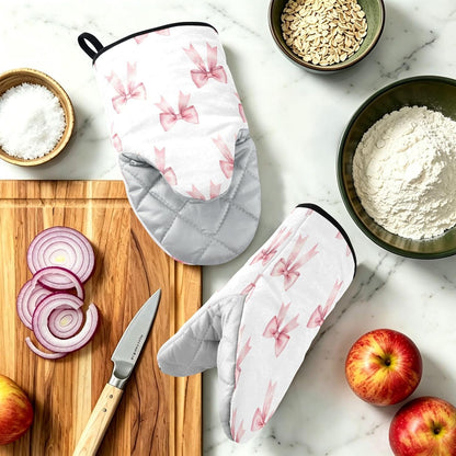 Pink Bows Ribbons Non-Slip Oven Mitts Set Heat Resistant Kitchen Gloves with Quilted Liner Cotton Machine Washable with Hanging Loop for Baking Grilling BBQ