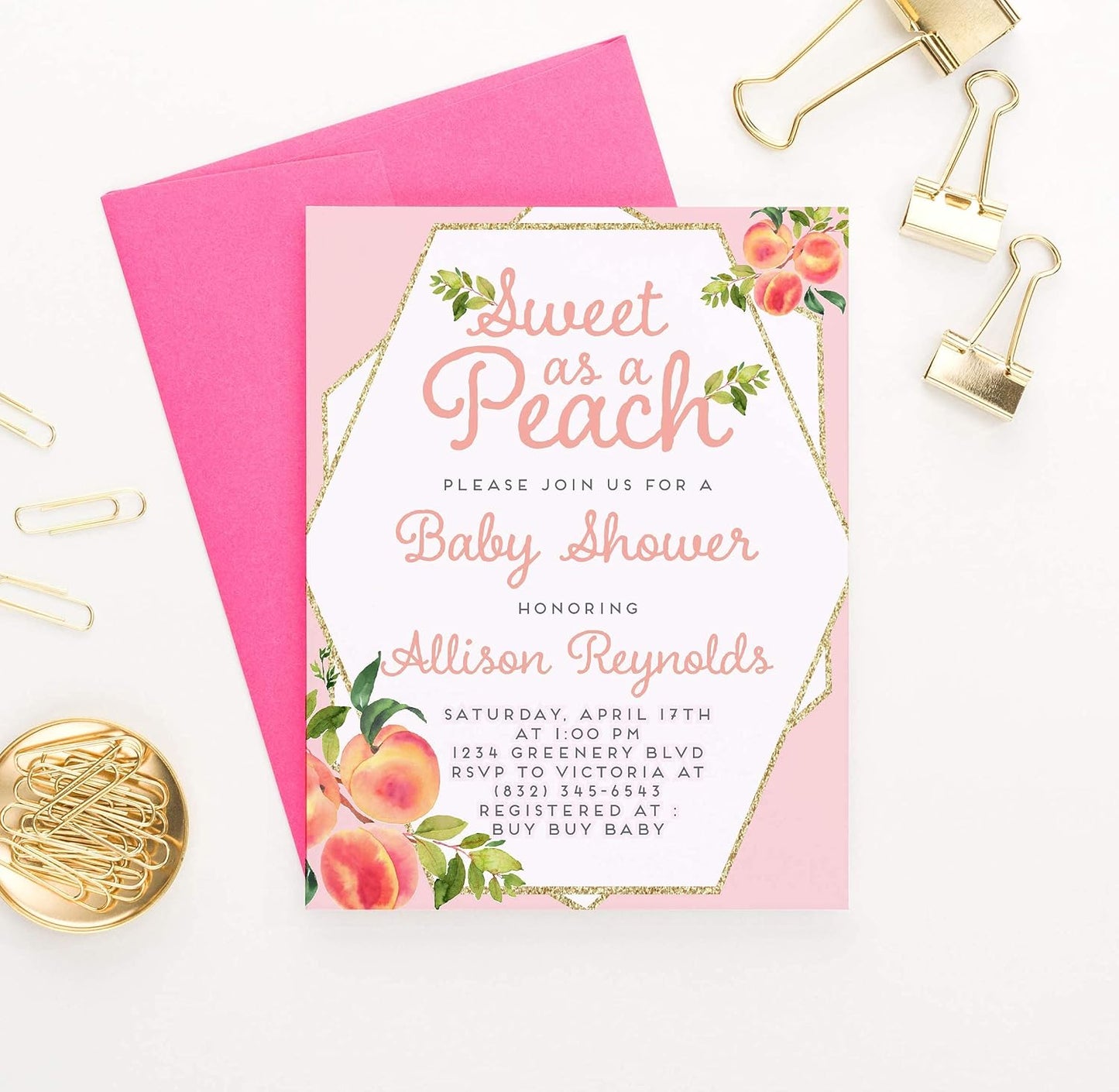 Modern Pink Paper Personalized Sweet as a Peach Baby Shower Invitations, Summer Baby Shower Invites, Your choice of Quantity and Envelope Color