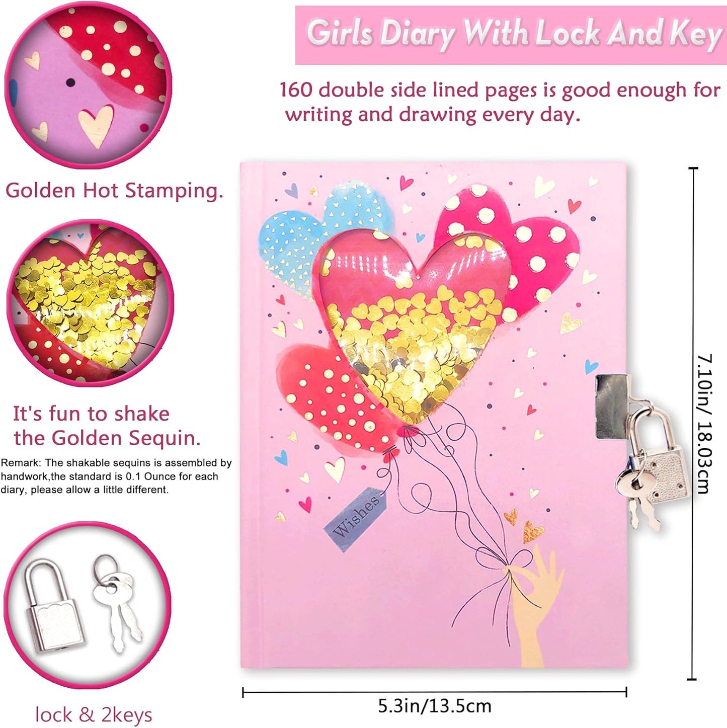 GINMLYDA Girls Diary with Lock, 5.5 x 7 Inches Pink Notebook for Kids 160 Pages Secret Girls Journal for Kids Cute Small Notebook for Children Writing Drawing Birthday Girls Gifts for 5-10 Years Old