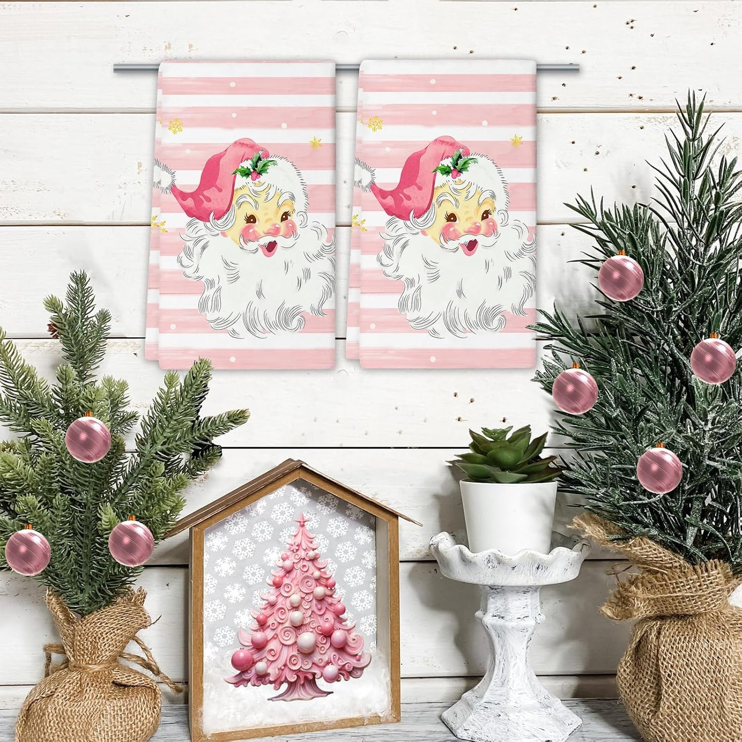 Xmas Santa Claus Kitchen Dish Towels, 2 PC Winter Christmas Decoration Hand Towels, Snowflake Pink Stripes Tea Towels, 26x18 Inch Hand Towels for Cooking Baking