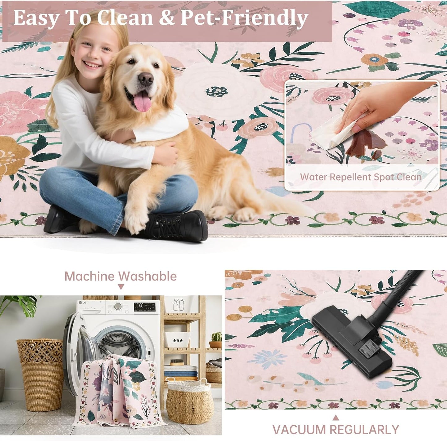Rugs for Bedroom 5x7 Pink Boho Floral Washable Soft Area Rug for Living Room Dining Room Office Carpet