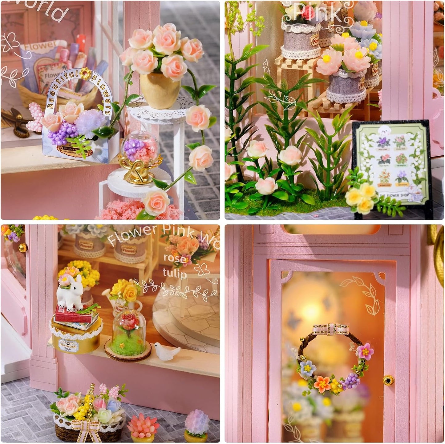 DIY Miniature House Kit, Dollhouse Kit with LED Light, Mini House Building Kits for for Adult to Building, Christmas Home Decorations Gifts for Family and Friends, Pink World