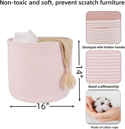 XUANGUO Cotton Rope Basket For Girls Kids 16”X14” Baby Laundry Baskets Nursery Bin Round Woven Basket Organizer For Storage Toys Blankets Shoes Clothes pink