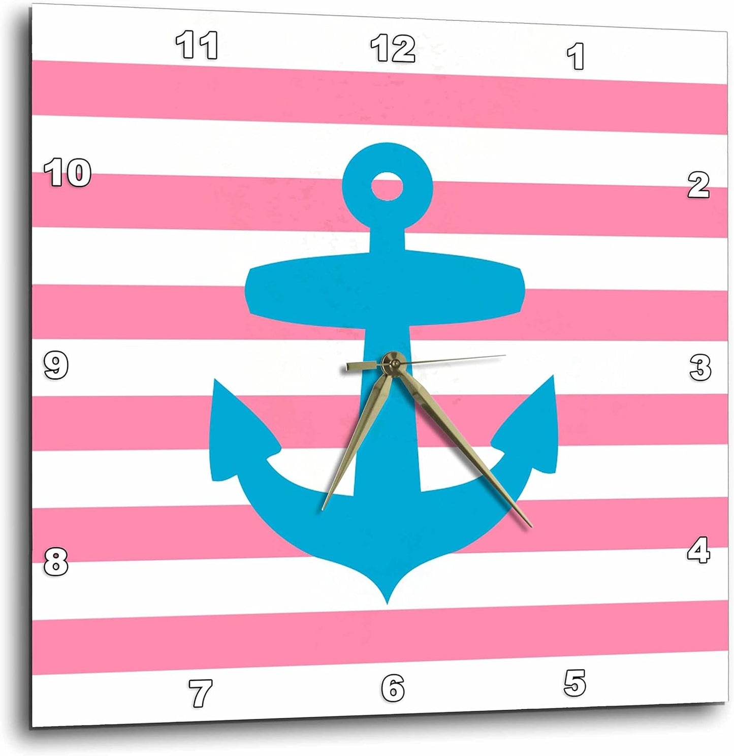 3dRose Nautical Light Blue Anchor with Coral red or Pink Sailor Stripes Pattern - French Breton Stripe 13x13 Wall Clock