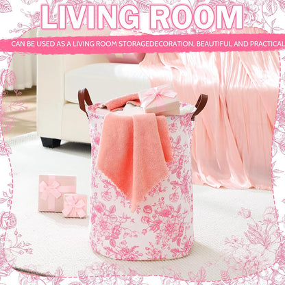 CroBlissful 2 Pcs Pink Floral Laundry Basket Coquette Storage Basket for Girls Nursery Hamper with Handles Foldable Waterproof Collapsible Storage Bin Organizer for College Dorms Bathroom