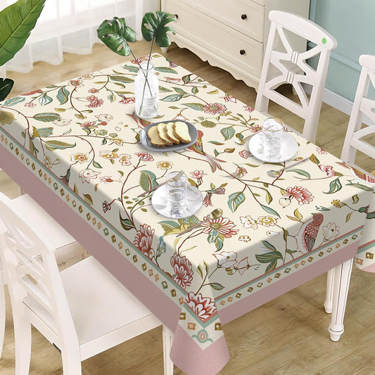 Boho Flower Birds Rectangle Tablecloth 60 x 120 Inches, Pink Bohemian Vintage Floral Decorative Dining Table Cloth, Farmhouse Elegant Dinner Tablecover Picnic Party Decoration