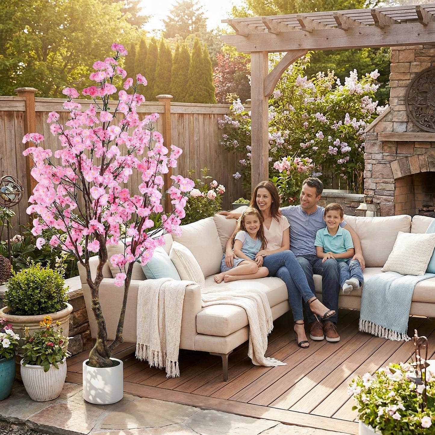 Artificial Cherry Blossom Tree, 7FT Tall Artificial Tree with White Pot, Pink Fake Sakura Flower Tree, Faux Silk Plants for Home, Living Room, Wedding, Garden, Balcony, Hotel Decoration