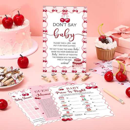 Patelai 321 Cherry Baby Shower Decorations Games Supplies Pink She's The Cherry on Top Baby Shower Games Themed Don't Say Sign for Cherries Themed Gender Reveal Birthday Party Decorations Supplies