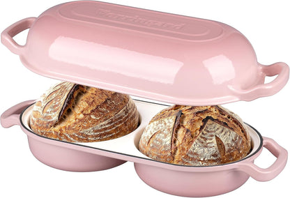 VORRINGARD Enameled Cast Iron Double Dutch Oven with Lid, Dual Round Loaf Pan, Bread pan for Homemade Sourdough Bread Baking, Pink