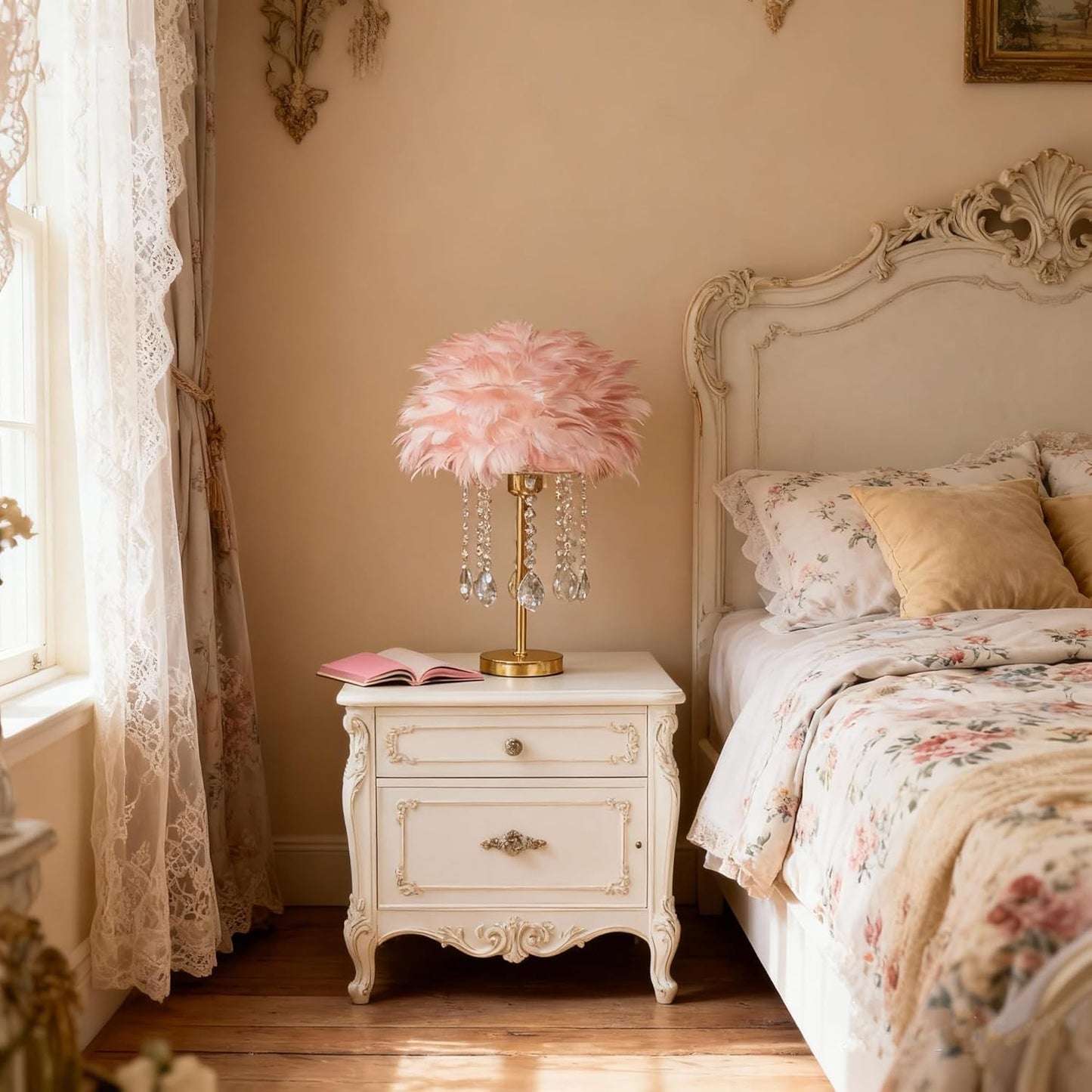 Pink Feather Lamp Cute Romantic Goose Feather Table Lamp Furry Nightstand Light with Gold Base and Crystal, Bedside Lamp for Girl Bedroom Wedding Living Room Hotel Decorative