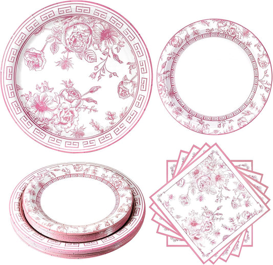 60Pcs Pink White Floral Party Supplies,Pink and White Flower Paper Plates and Napkins Disposable Tableware Set for Bridal Baby Shower Wedding Tea Party Decorations,Serves 20 Guests