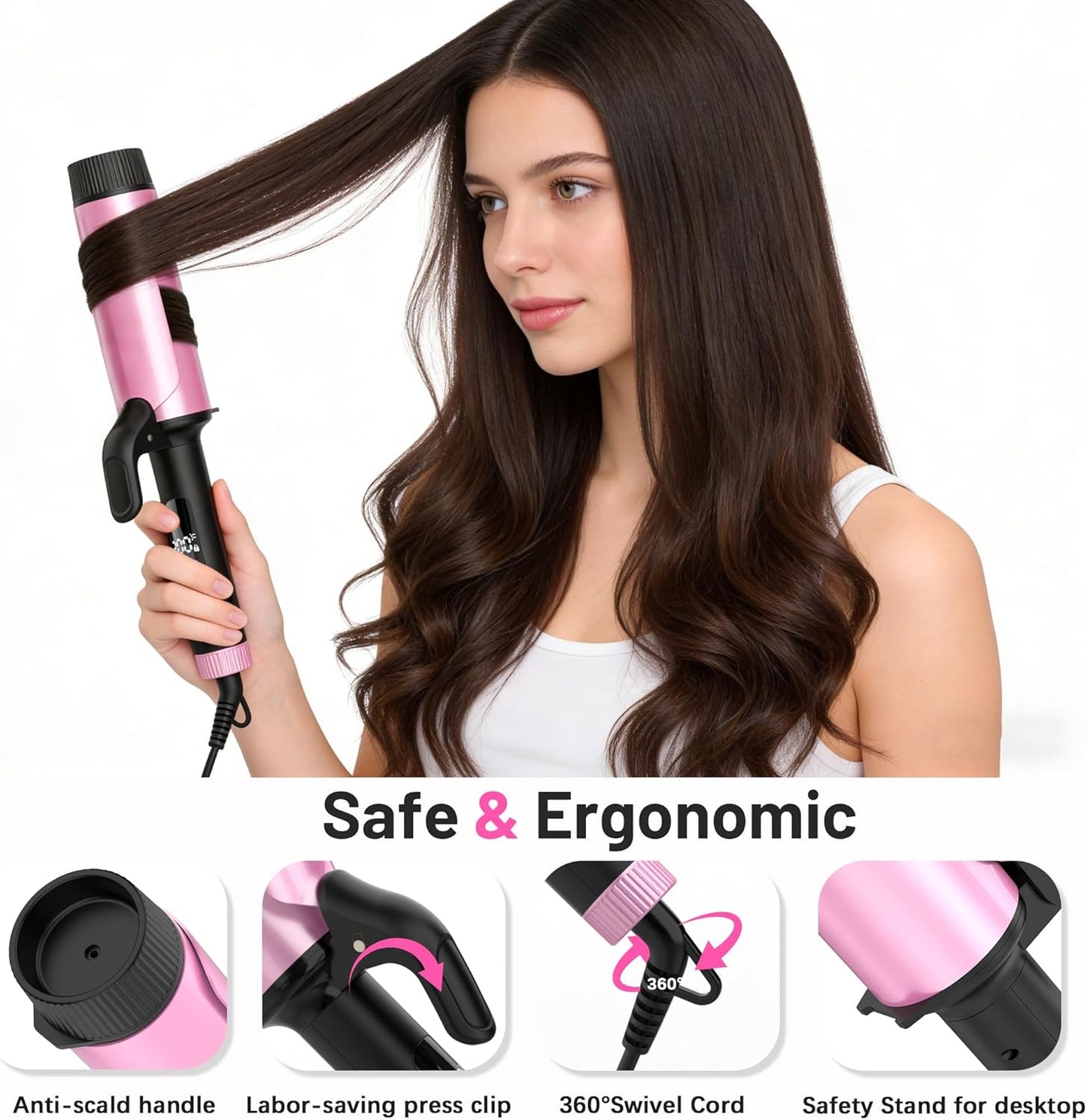 Large Curling Iron 2 Inch,Large Barrel Curling Iron for Long Hair,Dual Voltage Curling Iron 110-240V with European Plug,Curling Wand with Clamp for Loose Curls,5 Temp Digital Display,Temp Lock