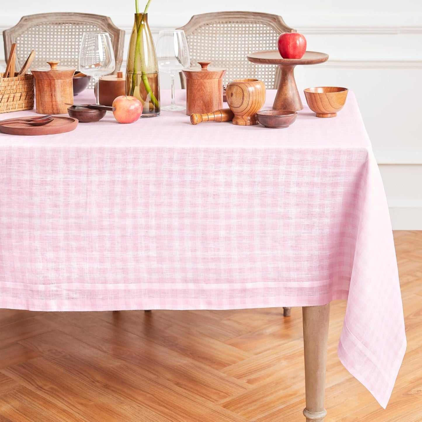 Solino Home Linen Gingham Tablecloth 60 x 120 Inch - 100% Pure Linen Checkered Marshmellow Pink Table Cloth for Rectangle Tables - Machine Washable Tablecloth for Summer