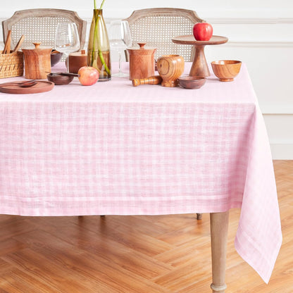 Solino Home Linen Gingham Tablecloth 60 x 120 Inch - 100% Pure Linen Checkered Marshmellow Pink Table Cloth for Rectangle Tables - Machine Washable Tablecloth for Summer
