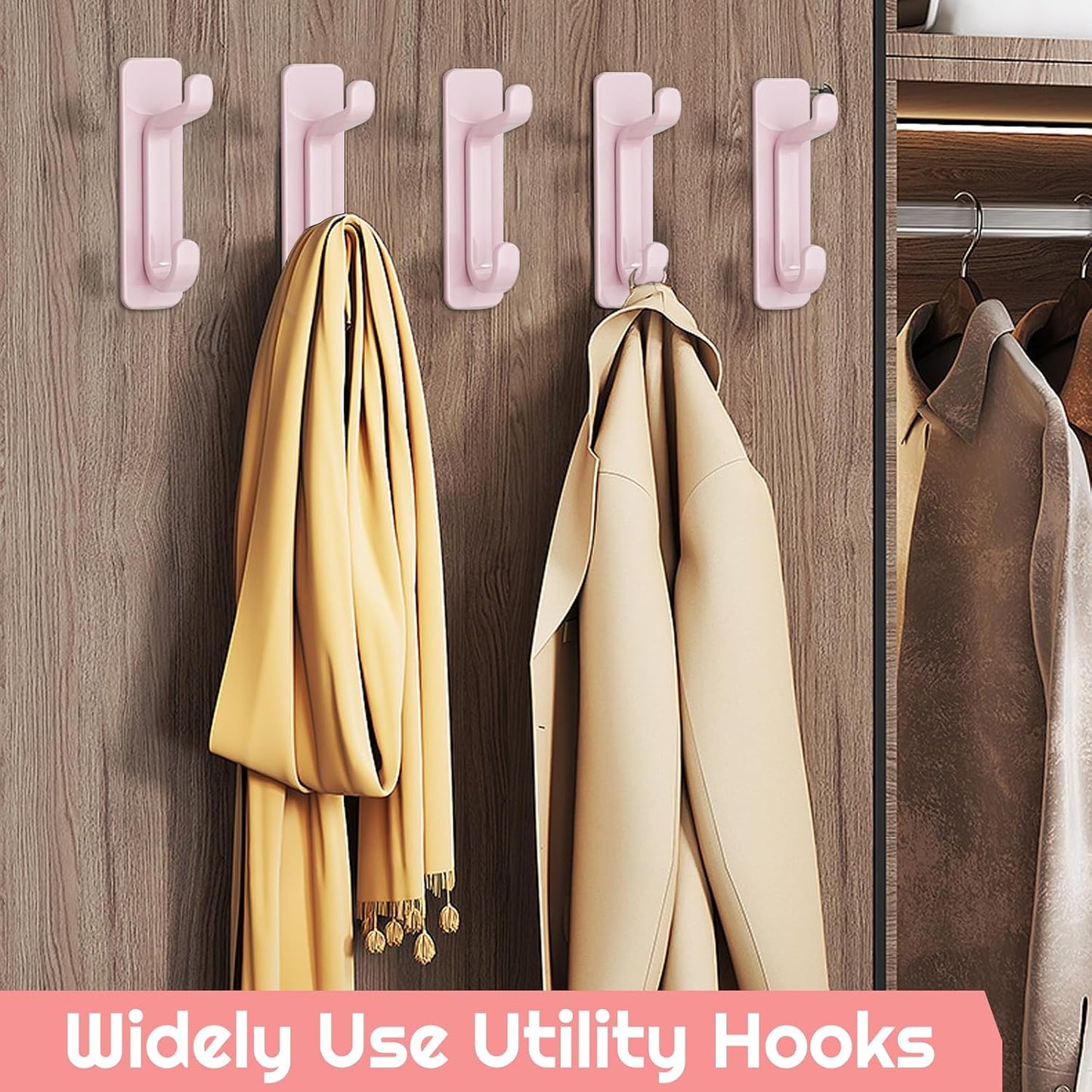 Wall Hooks for Coat and Towel: 13LB Strong Adhesive Door Hanger Stick on, Black 5 Pack (Pink)