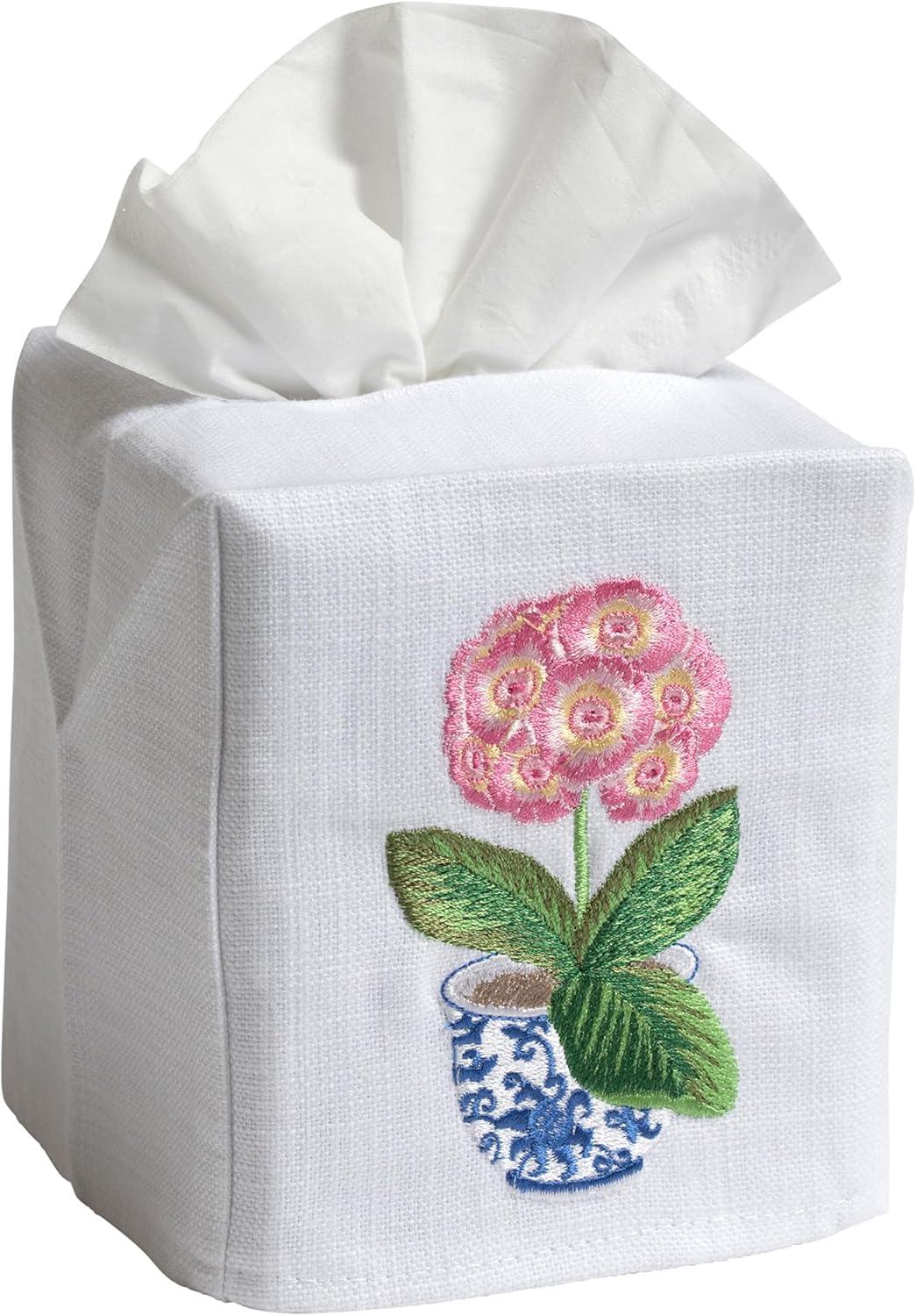 Jacaranda Living Square Tissue Box Cover, Linen/Cotton Fabric Tissue Holder, Decorative Cloth Tissue Cube Cover, Cover, Botanical Designs, Potted Primrose (Pink)
