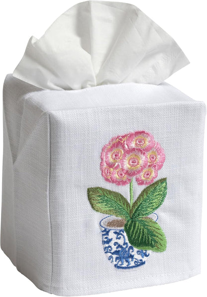 Jacaranda Living Square Tissue Box Cover, Linen/Cotton Fabric Tissue Holder, Decorative Cloth Tissue Cube Cover, Cover, Botanical Designs, Potted Primrose (Pink)