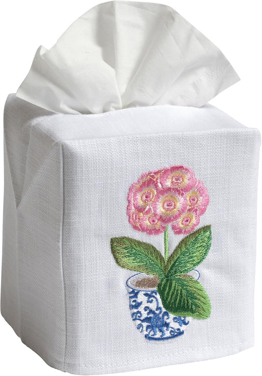 Jacaranda Living Square Tissue Box Cover, Linen/Cotton Fabric Tissue Holder, Decorative Cloth Tissue Cube Cover, Cover, Botanical Designs, Potted Primrose (Pink)