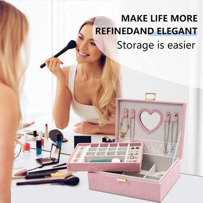 Dajasan Jewelry Box for Teen Girls Women, 2 Layers Jewelry Organizer with Mirror, Removable Jewelry Tray, Jewelry Storage Case, Gift Idea for Teenagers, Striped Velvet (Pink)
