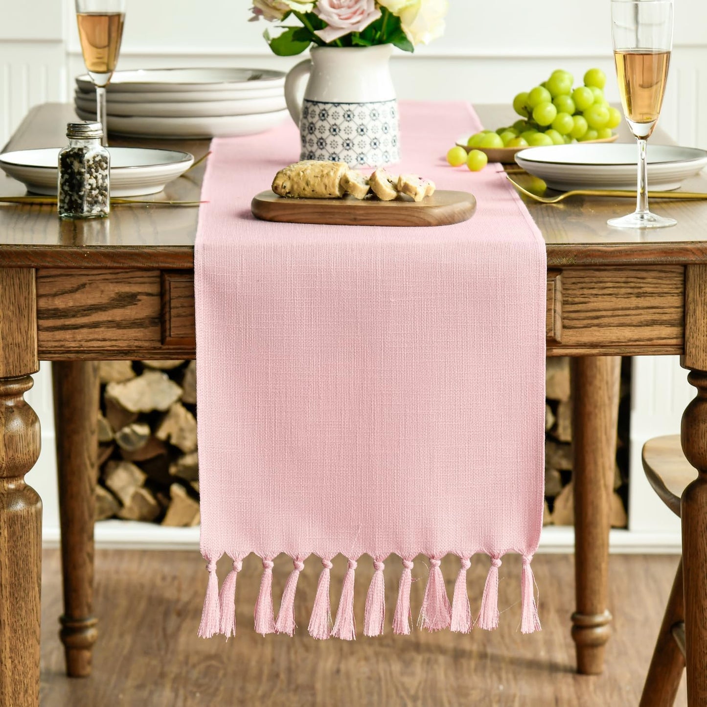 Artoid Mode Blush Pink Tassel Table Runner, Linen Blend Rustic Farmhouse Style Kitchen Table Decoration Holiday Wedding Party Dinning Decor 13x72 Inch