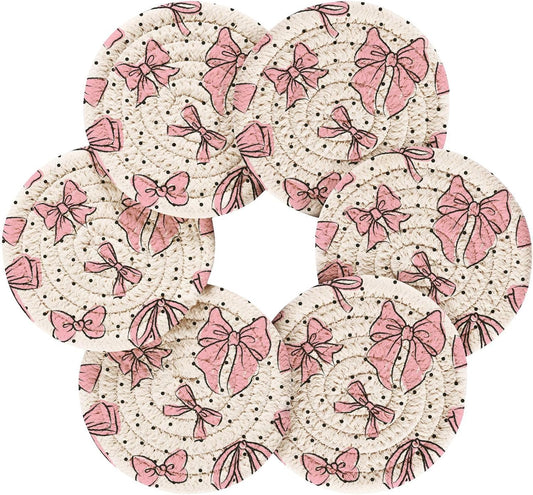 YETTASBIN Bow Pink 6 Pcs Drink Coasters with Holder, Cotton Woven Absorbent Heat-Resistant Round Coaster Non-Slip Table Mat for Kitchen Bar Home Decor Housewarming Gift, 3.9 in