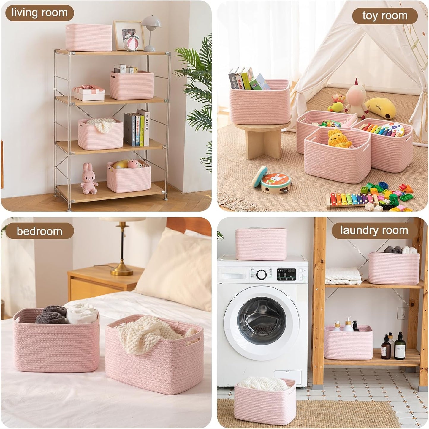 OIASKET Storage Baskets for Organizing, Woven Decorative Baskets for Shelves - Books, Towels, and Clothes, Cotton Rope Toy Storage Bins, 12.7''Lx9''Wx7.8''H, Pack of 4, Pink
