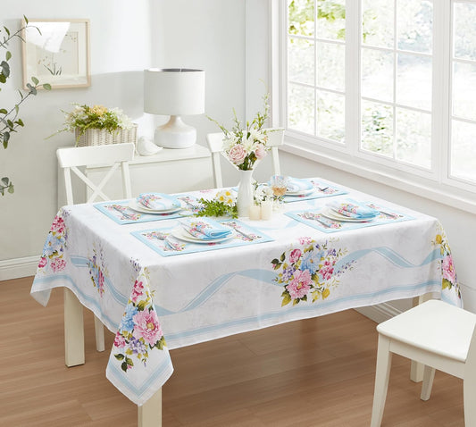 Newbridge Cottage Rose Rectangle Fabric Tablecloth, 52 x 70 Inch, Easy Care Wrinkle and Stain Resistant Blue and Pink Floral Table Cover for Indoor Outdoor Party Dining