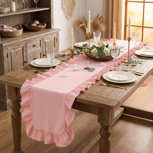 Ruffle Table Runner 118” Long, Soft Cotton Farmhouse Table Runner with Romantic Ruffled Edges, Wrinkle-Resistant Rustic Tablecloth for Wedding, Bridal Shower, Baby Shower & Spring Home Decor (Pink)