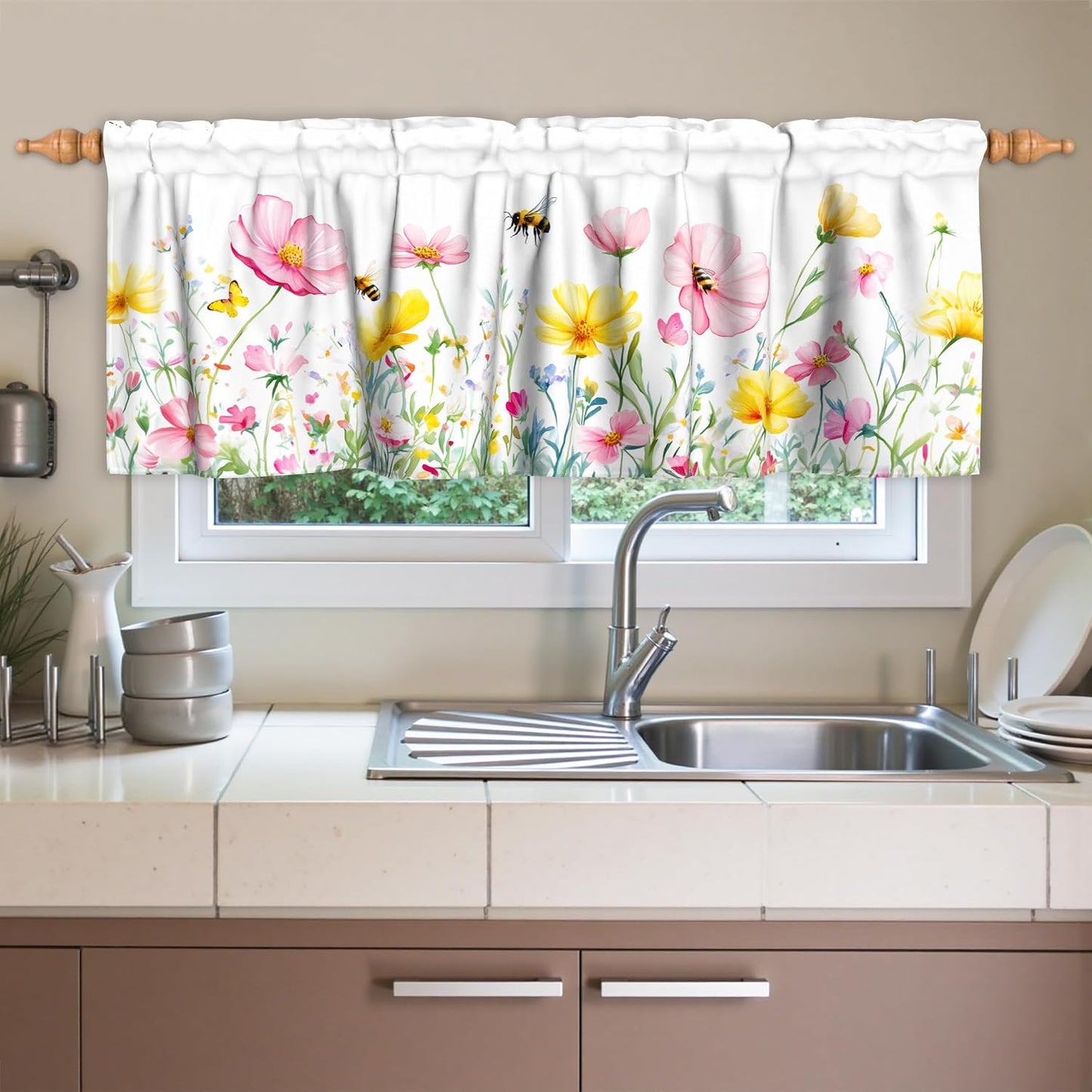Spring Floral Window Valance for Kitchen 54"x18" Pink Yellow Wildflowers Flowers Bees Short Curtains Farmhouse Decorative Rod Pocket Window Valance for Living Room, Bedroom, Bathroom