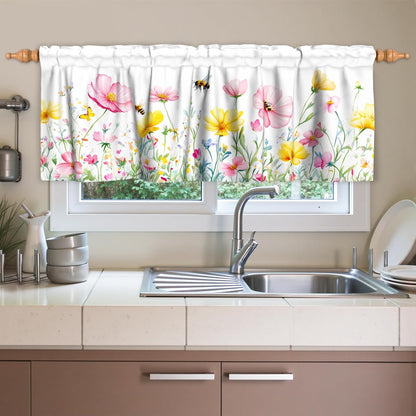 Spring Floral Window Valance for Kitchen 54"x18" Pink Yellow Wildflowers Flowers Bees Short Curtains Farmhouse Decorative Rod Pocket Window Valance for Living Room, Bedroom, Bathroom
