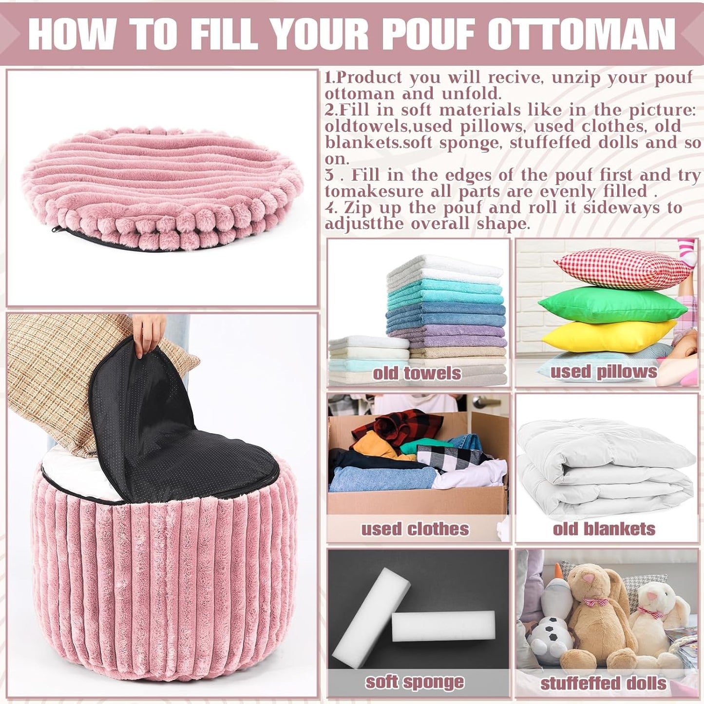 Teenyyou 2 Pcs 20 x 15 Inch Unstuffed Pouf Cover Ottoman Foot Rest - No Filler, Faux Rabbit Fur Foot Stool Floor Bean Bag Floor Chair Storage for Living Room Bedroom Home Decor(Pink)